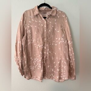 J. Jill Linen Button-Up Shirt in Mauve with White Bird Motif Size L